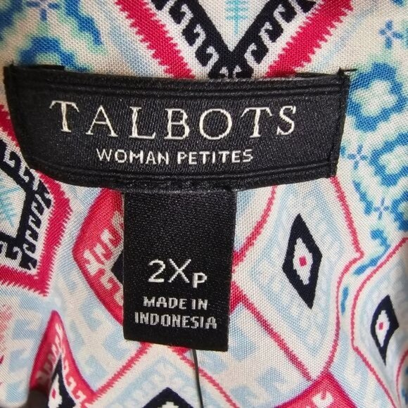 Talbots Geometric Button Up Blouse 2XP Multicolor Patchwork Roll Tab Sleeves NWT - Picture 4 of 10